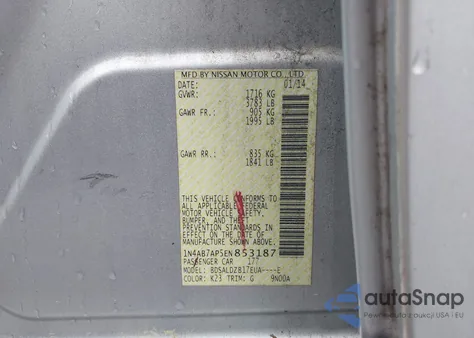 2014 Nissan Sentra Fe+ S/Fe+ Sv/S/Sl/Sr/Sv z USA, uszkodzony, nr VIN 1N4AB7AP5EN853187